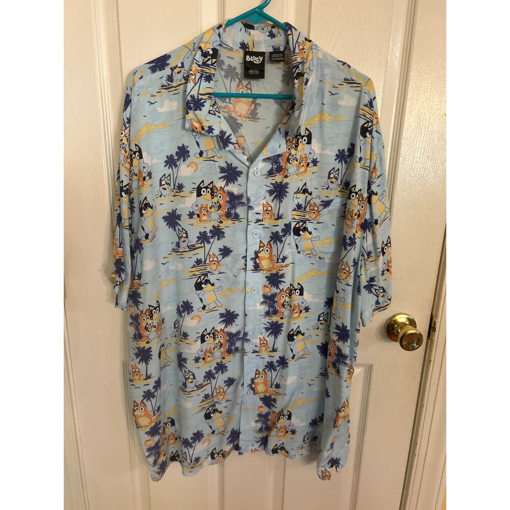 Bluey Cartoon Light Blue Hawaiian Camp Shirt Size 3XL‎